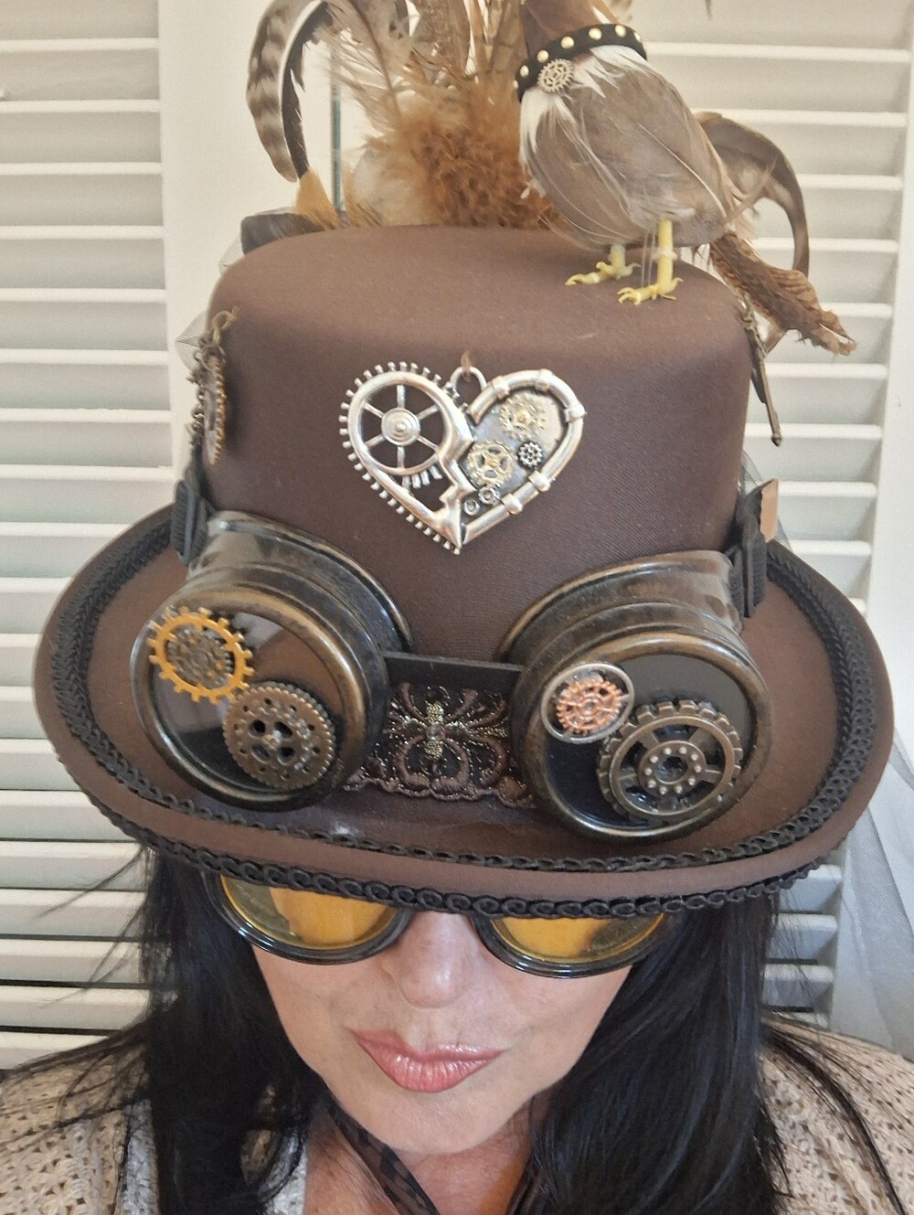 Brown Steampunk Top Hat with Feather and Gear Accents - Picture 8 of 9